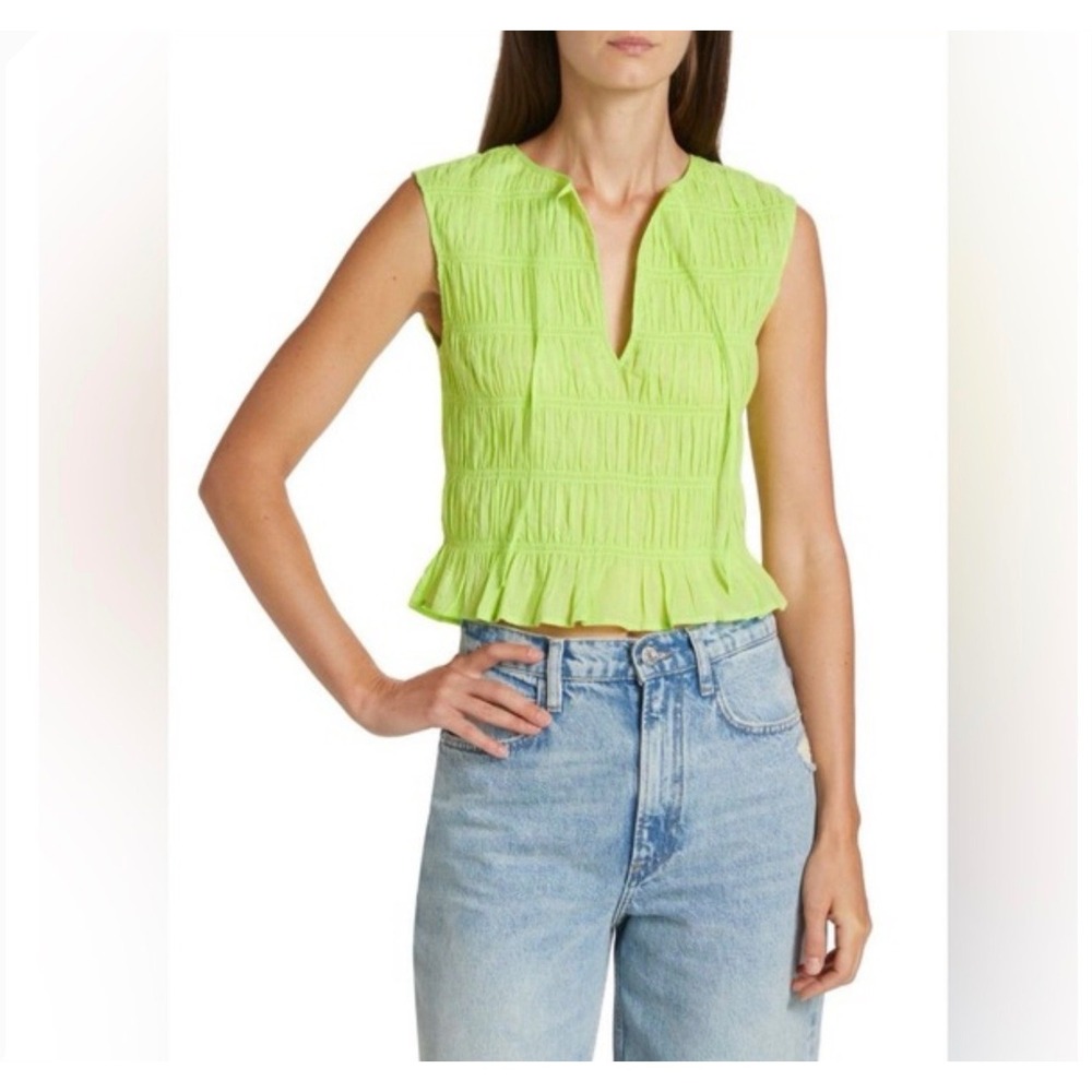 FRAME Smocked Sleeveless Shirred Top Chartreuse Lime Green Tie Neck Medium‎